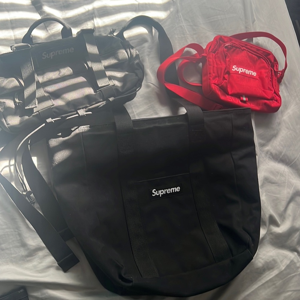bag bundle! supreme  tote bag. supreme fanny pack bag. and supreme cross body.